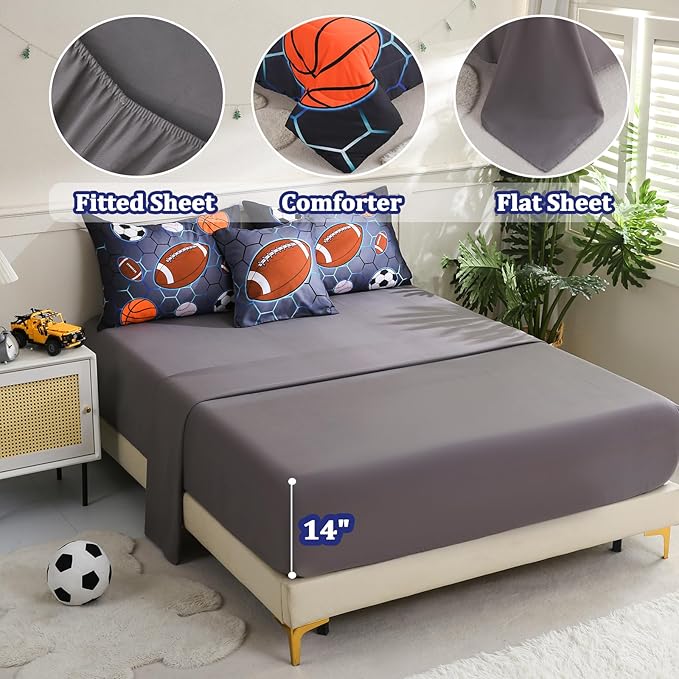 6 Pcs Bed in A Bag Twin Size Comforter Sets for Boys,Sports Bedding Sets,Baseball Soccer Basketball Football Comforter Sets with Sheets for Kids Teens