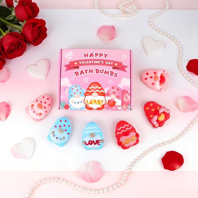 Valentines Bath Bombs for Women, 6PCS Valentines Gnomes Heart Bath Bombs Gift Set Essential Oil Bubble Bath，Body Relaxation Box for Her Wife Mom Friend, Stocking Stuffers