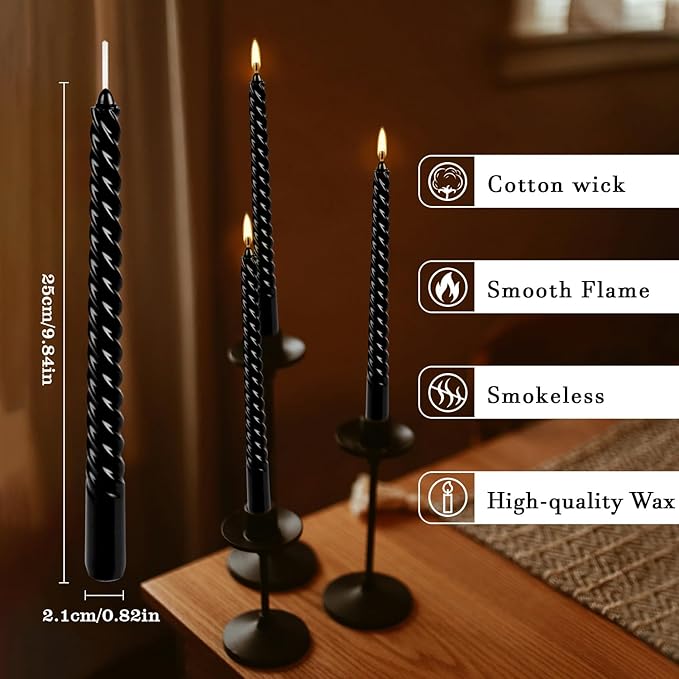 10 Inch Black Spiral Taper Candle Set, 12 Pack Unscented Dripless Candlesticks for Halloween,Dinner,Party Brithday Wedding and Home Decoration