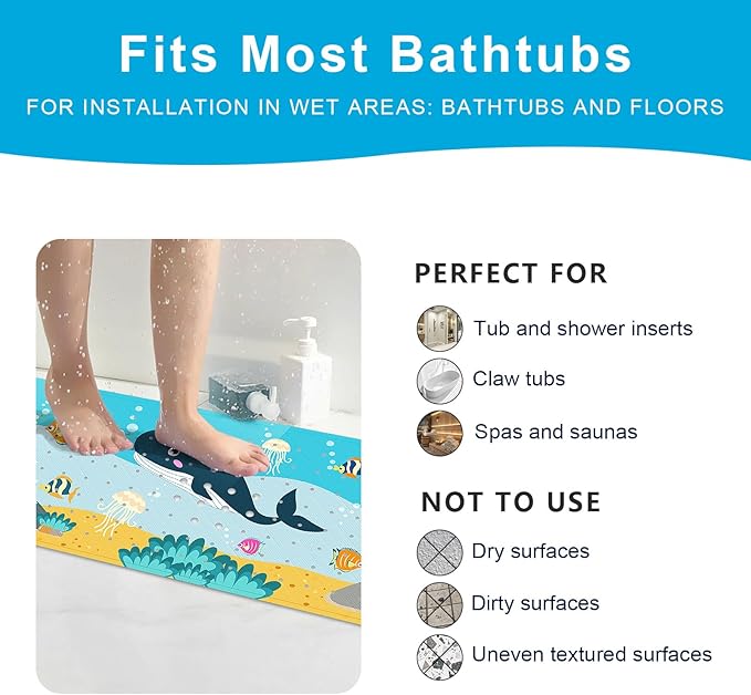 XIYUNTE Baby Bath Mat for Tub Non Slip Kids Bath Mat - 40''x16'' Extra Long Cartoon Bathtub Mat Non Slip Kids Shower Mat Eco-Friendly Toddler Bath Mats with Suction Cups, Machine Washable
