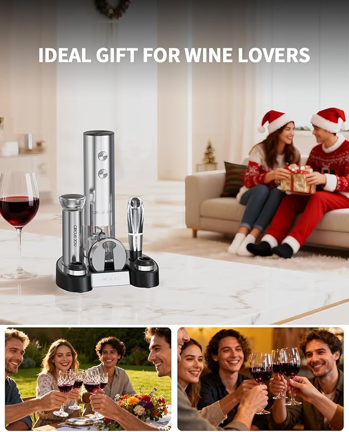CIRCLE JOY Electric Wine Bottle Opener Set Stainless Steel Rechargeable Wine Opener 8-in-1 Wine Gift Set with Charging base, Foil Cutter, Wine Aerator Pourer, Vacuum Pump & 2 Wine Stoppers