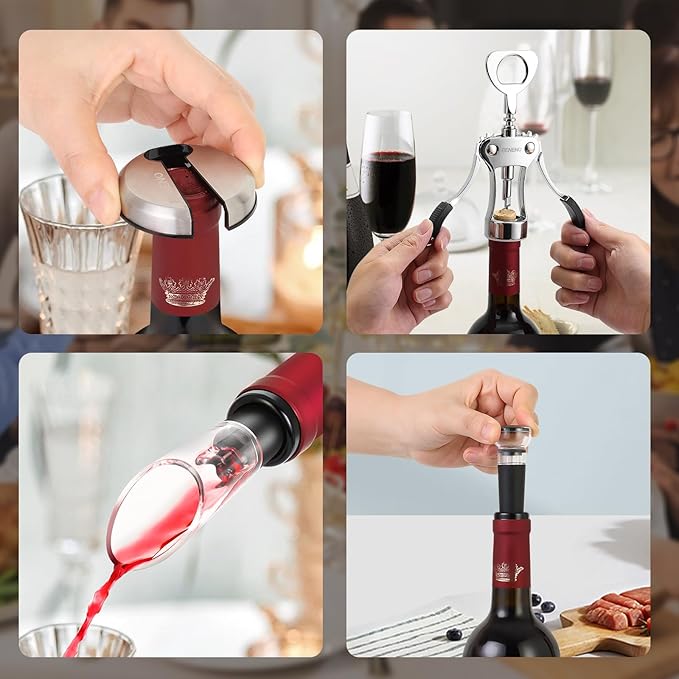 Beneno Multifunctional Wine Bottle Opener Gift Wing Corkscrew, Foil Cutter, Vacuum Stopper & Aerator Pourer, Perfect for Wine Lovers Man Woman, Ingot Silver