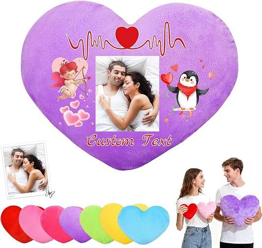 Custom Heart Pillow with Insert, Personalized Heart Shaped Pillows with Photo Name as Valentine Pillows for Hubsand Wife Home Decor Personalized Gifts for Valentines Day Anniversary