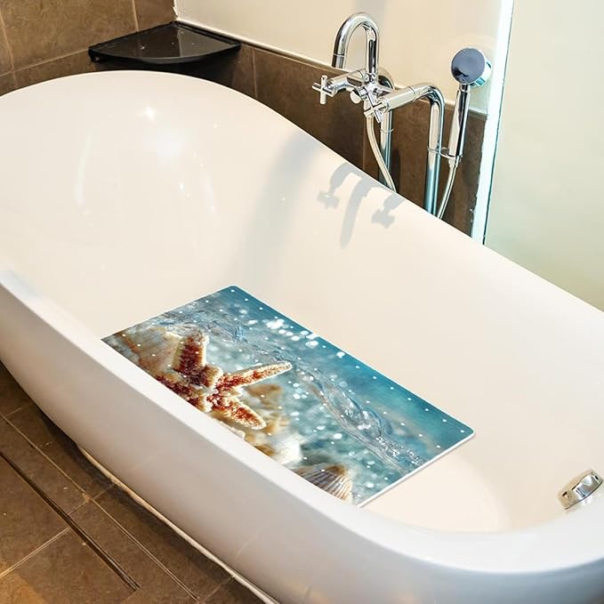Bathtub Mats for Shower Tub, Starfish and Seashells in Blue Sea Water Ocean Background Anti-Slip Bath Mats for Inside Tub, Bathroom Shower Mats with Drain Holes and Suction Cups