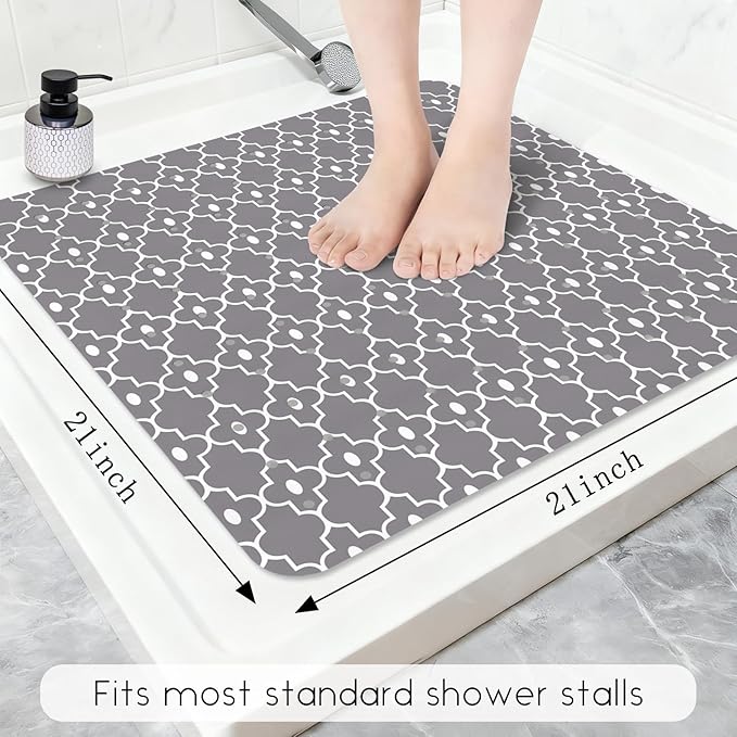 Bathtub Mat Non Slip, Grey Square Bath tub Mat Shower Floor Mat with Suction Cups for Adults Kids Elderly 21 X 21 Inch