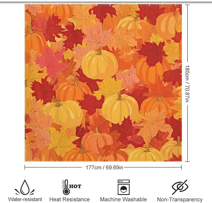 Autumn Pumpkins Fall Thanksgiving Shower Curtain Waterproof Washable Fabric Bathroom Shower Curtains for Bathroom Decorations Home Indoor Decor 72x72Inch