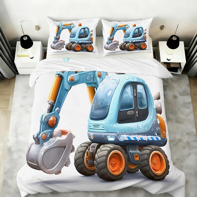 Cartoon Excavator Bedding Set Twin Size Blue Construction Vehicle Duvet Cover Trucks Tractors Comforter Cover Cute Children's Comforter Set with Zipper Ties for Bedroom