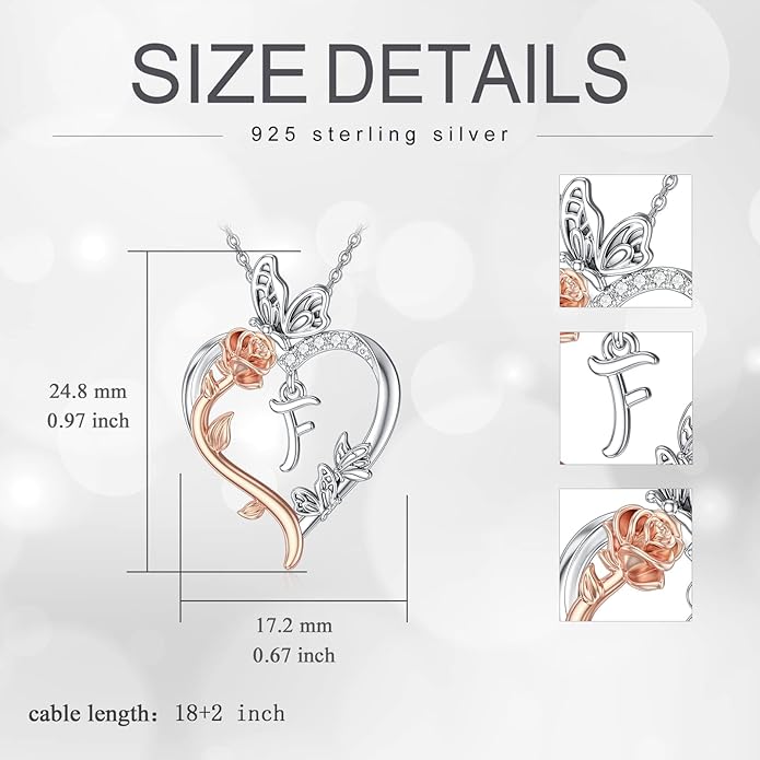 TOUPOP Rose Heart Necklaces Gifts for Women 925 Sterling Silver Butterfly Heart Initial Necklace Anniversary Valentines Day Birthday Jewelry Gifts for Mom Her Wife Girlfriend Daughter