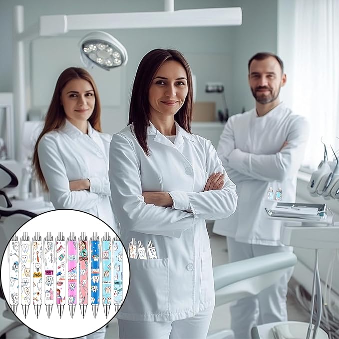 Idealmuzik Cute Dental Pens Set – Tooth & Dentist-Themed Ballpoint Pens for Dental Hygienists, Assistants– Fun Oral Care Stationery for Clinic, or Office – Perfect Dentist Gift, 10 Pack