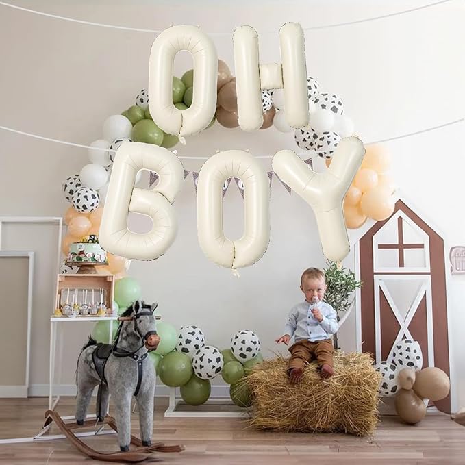 Large Beige Oh Boy Balloons, 40 Inch Cream White Sand OH BOY Balloon Letters with Ribbon, Neutral Ivory Alphabet Oh Boy Balloon for Baby Kid Boys Birthday Baby Shower Gender Reveal Party Decorations