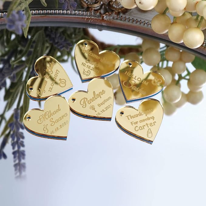 30Pcs Custom Wedding Mirror Tags with Holes,Personalized Acrylic Heart Tags,Lettering Name Logo for Baby Shower Favor Valentines Day Handmade Items Wedding Favors Birthday Party