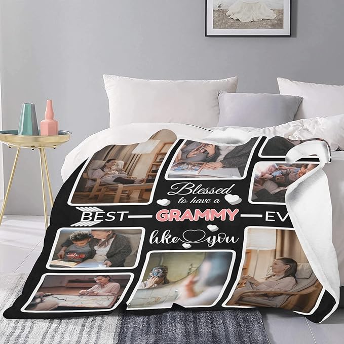 Custom Blanket Gifts for Grammy, Customized Blankets with Photos, Make a Personalized Bed Throws to My Grammy, Custom Souvenir Throw Blanket for Best Grammy Ever, 8 Collages Made in USA