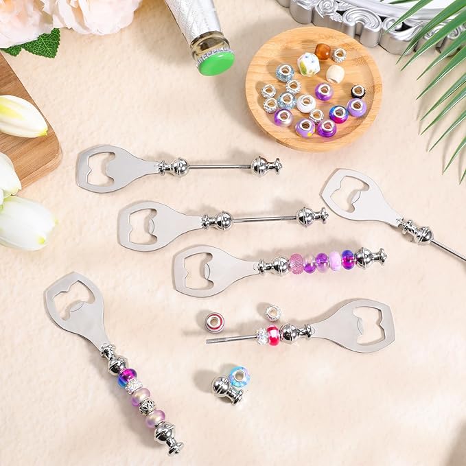 20pcs Beadable Beer Opener Reusable Bottle Opener Decorative for Bartenders DIY Flat Beer Bottle Openers Beaded Bottles Openers DIY Bead Metal Silver Wine Stoppers for Crafts Fall Bar Party Favor