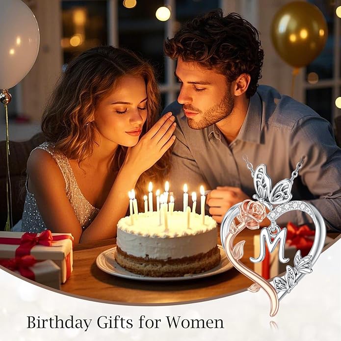 TOUPOP Rose Heart Necklaces Gifts for Women 925 Sterling Silver Butterfly Heart Initial Necklace Anniversary Valentines Day Birthday Jewelry Gifts for Mom Her Wife Girlfriend Daughter