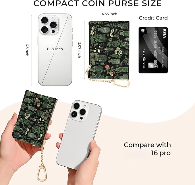 Vintage Plants Keychain Coin Purse for Women, Small PU Leather Change Pouch, Zipper Little Tiny Travel Wallet for Girls, Cute Kawaii Zip Pocket Coin Holder with Key Ring