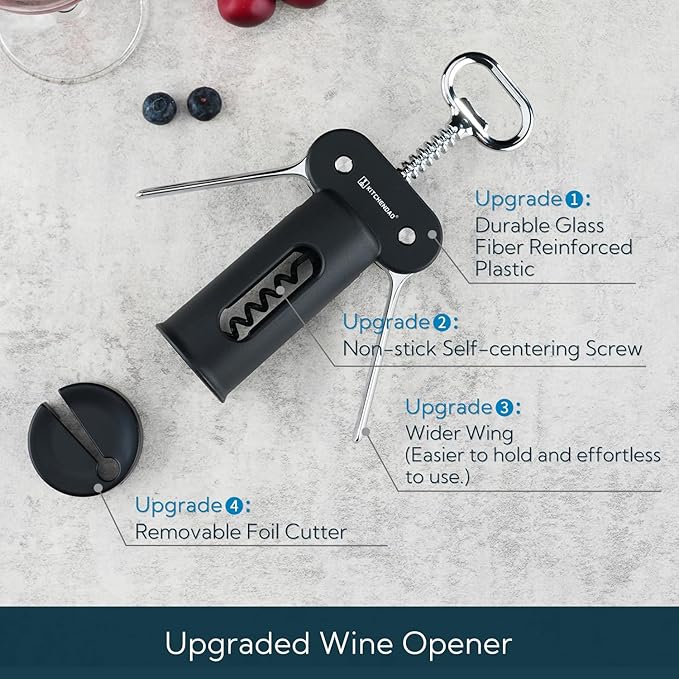 KITCHENDAO 3 in 1 Wing Corkscrew Wine Bottle Opener with Foil Cutter, Built-in Beer Bottle Opener, Multifunctional Wine Opener with Non-Stick Sharp Screw, Easy to Use, Manual Wine Corkscrew, Black