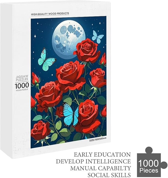 Jigsaw Puzzles for Adults 1000 Piece - Butterfly Red Rose Garden Wooden Puzzles, Funny Puzzles，Unique Gifts for Wall Art，Family Puzzles，Educational Games，Challenge Puzzles