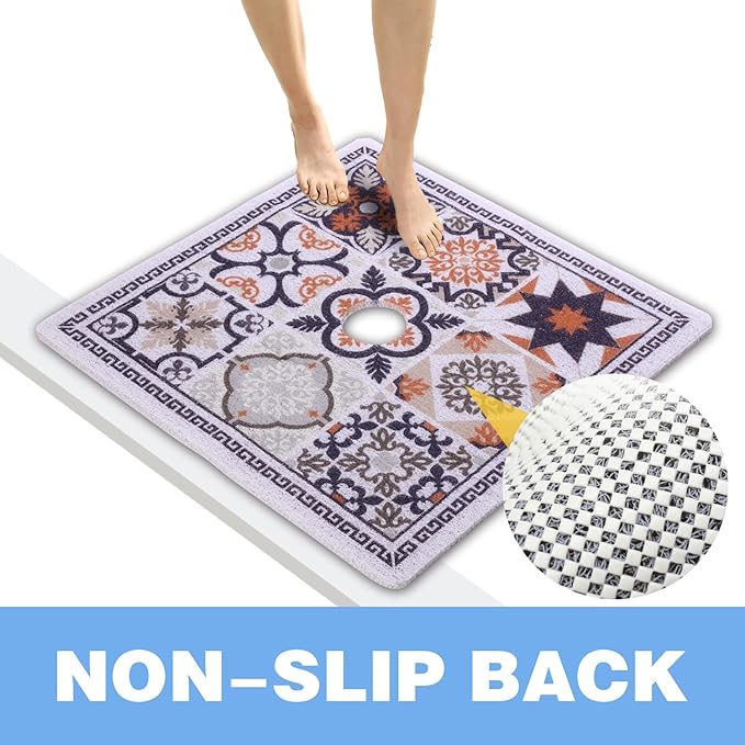 Square Shower Mat 23x23 Inch Non-Slip with Drain Hole, Shower Floor Mats for Bathroom, PVC Loofah Stall Mat, Secure Boho Bath Mats