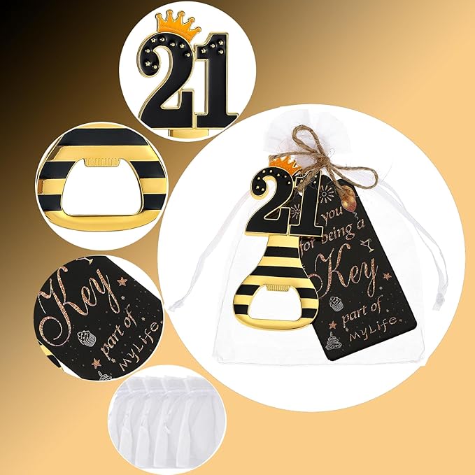 24pcs 21th Gold Keychain Bottle Opener 21th Birthday Party Favors, 21 Keychain Beer Bottle Opener Favors Anniversary Souvenirs Return Gifts for Guests Party Decor Supplies (black 21)