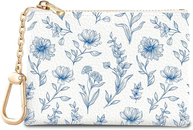 Blue Flower Keychain Coin Purse for Women, Abstract Small PU Leather Change Pouch, Zipper Little Tiny Travel Wallet for Girls, Cute Kawaii Zip Pocket Coin Holder with Key Ring
