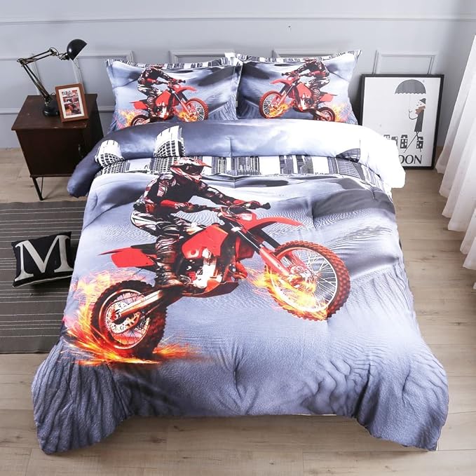 Dirt Bike Comforter Sets Queen Size Racing Motocross Sports Extreme Theme Bedding Sets for Boys