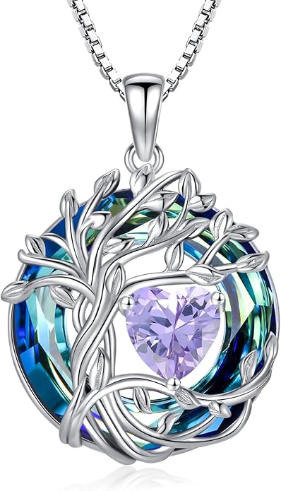 TOUPOP Tree of Life Birthstone Necklace 925 Sterling Silver Pendant Austrian Crystal Jewelry Anniversary Valentine's Day Birthday Gifts for Women Mom Her Wife