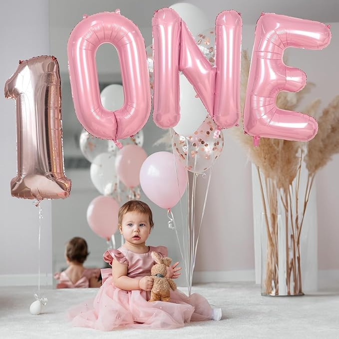 40 Inch Pastel Pink ONE Balloon for 1st Birthday - Light Pink Letters With Ribbon - Baby Pearl Alphabet for Girls First Birthday, 1 Year Old Baby Shower Party Decorations