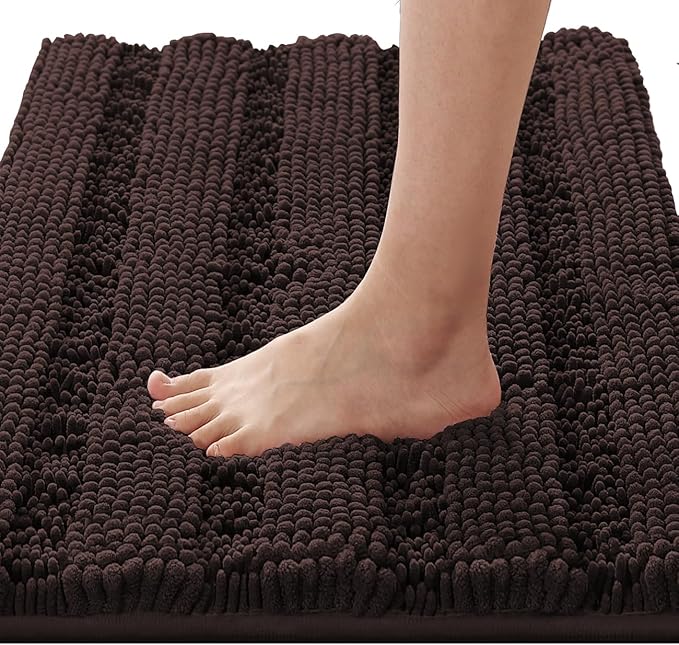 H.VERSAILTEX Bath Rugs for Bathroom Non Slip Bath Mats Extra Thick Chenille Striped Rug 20" x 32" Absorbent Non Skid Fluffy Soft Shaggy Washable Plush Mat for Indoor, Bath Room, Tub - Chocolate