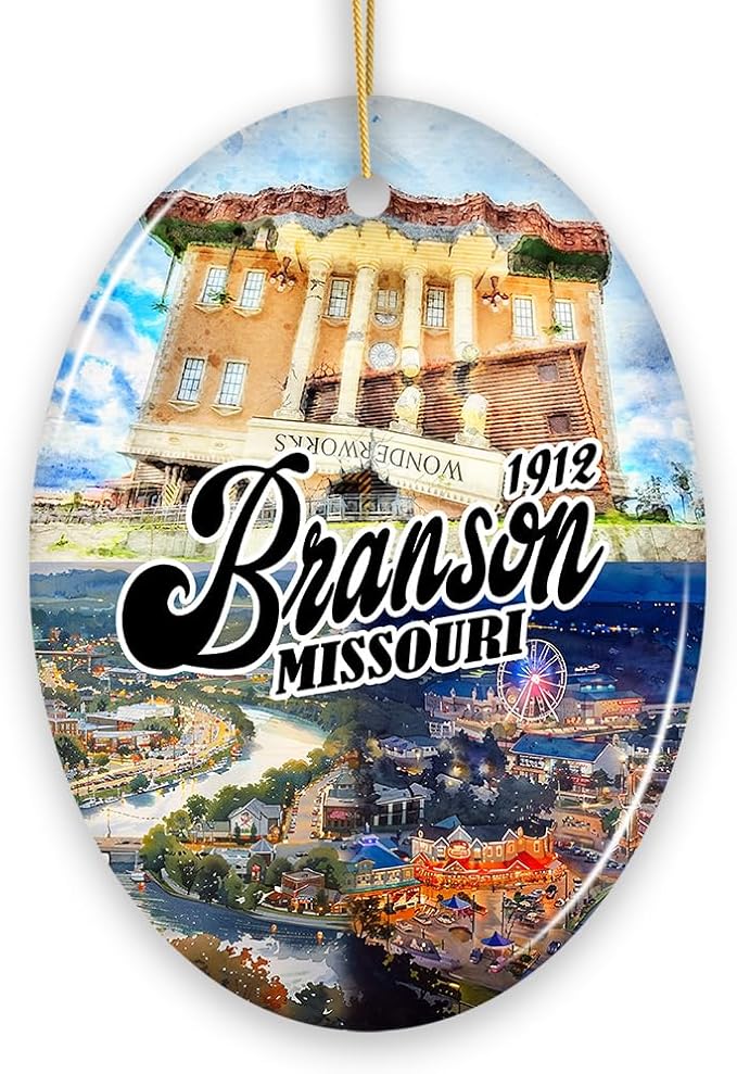 Culturally Vibrant Branson City Ceramic Ornament, Missouri Souvenir and Christmas Tree Decor (Oval)