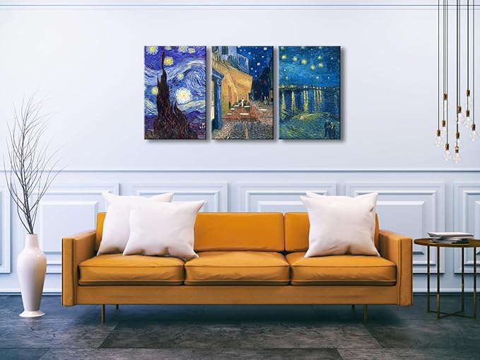 Wieco Art Large 3 Panels Canvas Prints of Vincent Van Gogh Paintings Reproduction Starry Night Over the Rhone Cafe Terrace at Night Canvas Wall Art for Living Room Home Office Decor