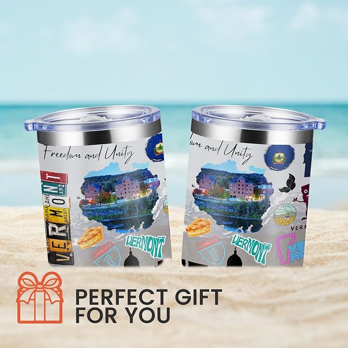12oz Coffee Mug Vermont State Insulated Coffee Cups, United States Map Travel Mug Landmark, Birthday Gifts Cute Mugs with Lid and Straw Gifts for Mom