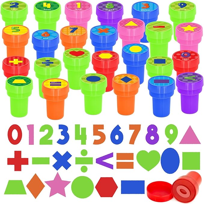 Cinrobiye 24 Pcs Math Stampers for Kids, Number Symbol Shape Stampers Party Favors for Classroom Rewards Math Birthday Party Supplies Educational Learning for Goodie Bags Carnival Prizes DIY Crafts