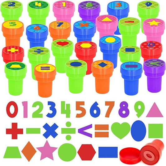 Cinrobiye 24 Pcs Math Stampers for Kids, Number Symbol Shape Stampers Party Favors for Classroom Rewards Math Birthday Party Supplies Educational Learning for Goodie Bags Carnival Prizes DIY Crafts