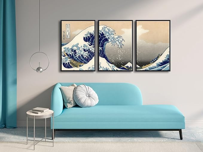 Wieco Art Black Framed Great Wave of Kanagawa Katsushika Hokusai 3 Piece Modern Canvas Prints Artwork Abstract Pictures Paintings on Canvas Wall Art for Home Office Decorations Wall Decor