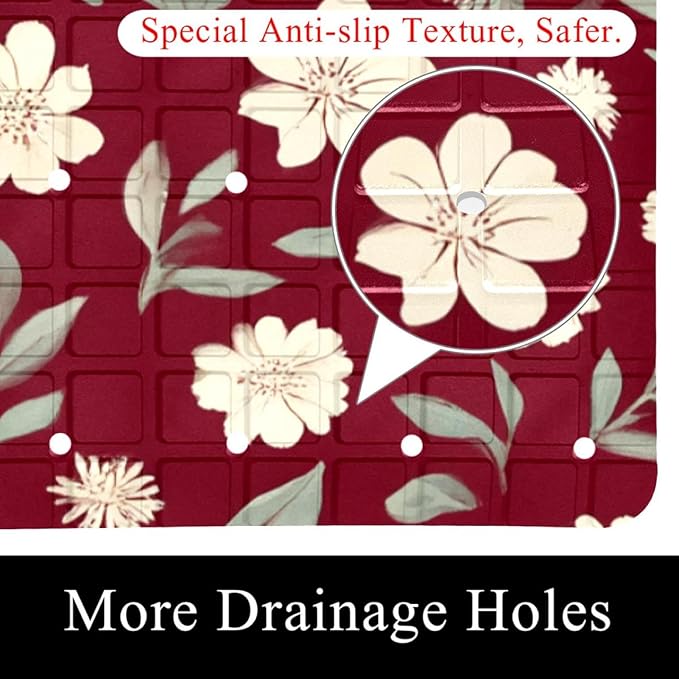 Bath Tub Mat Non Slip 15.1 x 26.8 Inch, Small White Flowers and Leaves on Deep Red Background Eco Friendly Bathmat with Suction Cups Drain Holes Shower Tub Mats