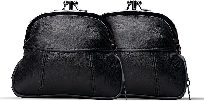 Leather Impressions Long lasting Coin Purse (Pack of 2) With Twist Clasp & Zipper Pocket For Keys, Cards Or Other Essentials- Elevate Your Style With Our Fine Stitched Slim Wallet (Black)