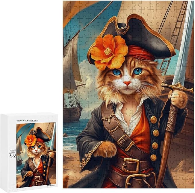 Wooden Puzzle - Classic Pirate Cat Leader Jigsaw Puzzles，Wooden Puzzles for Adults 300 Pieces Challenge Puzzles，Educational Games，Family Puzzles，Unique Gifts for Wall Art