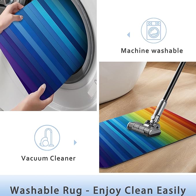 Bathroom Rug 29.5"x17", Abstract Rainbow Lines Bath Mat with Non-Slip Rubber Backing, Quick-Drying Absorbent Thin Floor Mat for Bathroom, Shower, Sink, or Kitchen