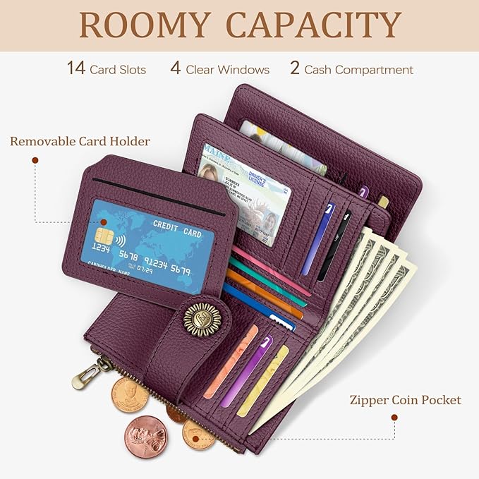 Small Wallet Women RFID Blocking Bifold, Credit Card Holder, Zipper Coin Pocket, PU Leather, Compact Travel, 4 ID Window, 14 Card Slots, Cash Purse, Ladies Woman Female Girls