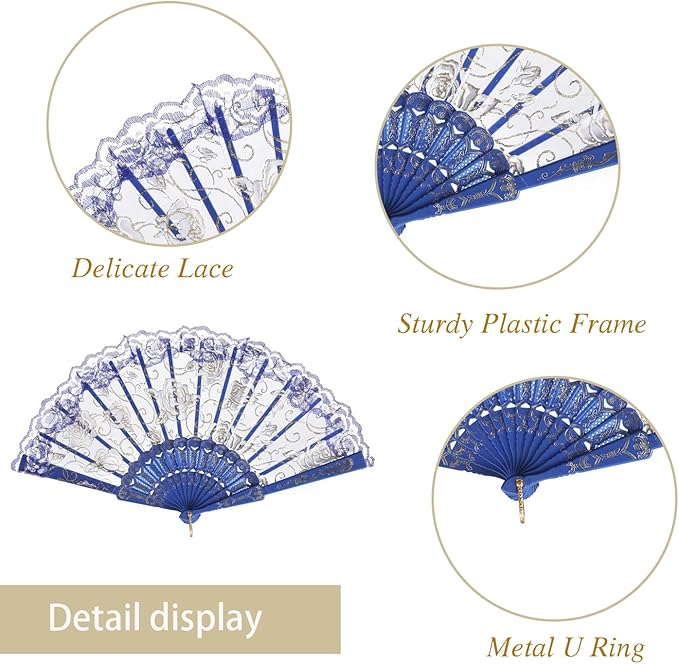 QIRMIZI 30pcs Silk Folding Hand Fans,Silk Fans,Royal Blue Rose Fans,Perfect for Weddings, Parties, and Dancing,Royal Blue