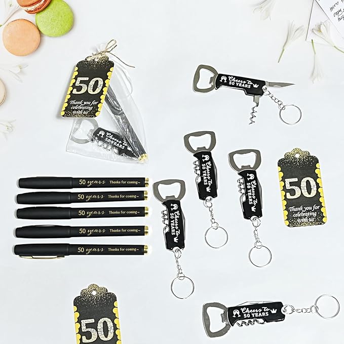 25sets 50th Birthday Party Favors for Guests Including Pens Bottle Opener Keychains Bulk Thank You Cards with Organza Gift Bags for Birthday Anniversary Souvenirs, Cheers to 50 Years