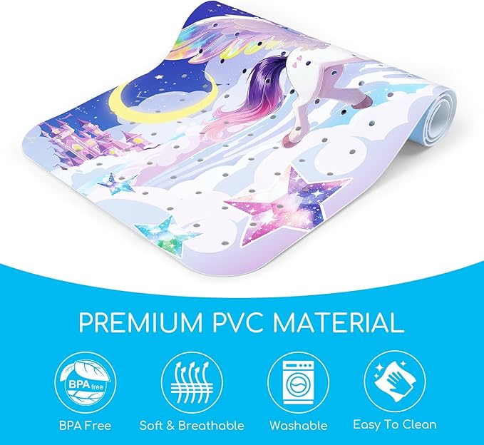 Baby Bath Mat for Tub, Non Slip Kids Bath Shower Mat, 40 X 16 Inch Large Bathtub Mat with Drain Holes and Suction Cups for Toddlers, Machine Washable and Waterproof (Unicorn)