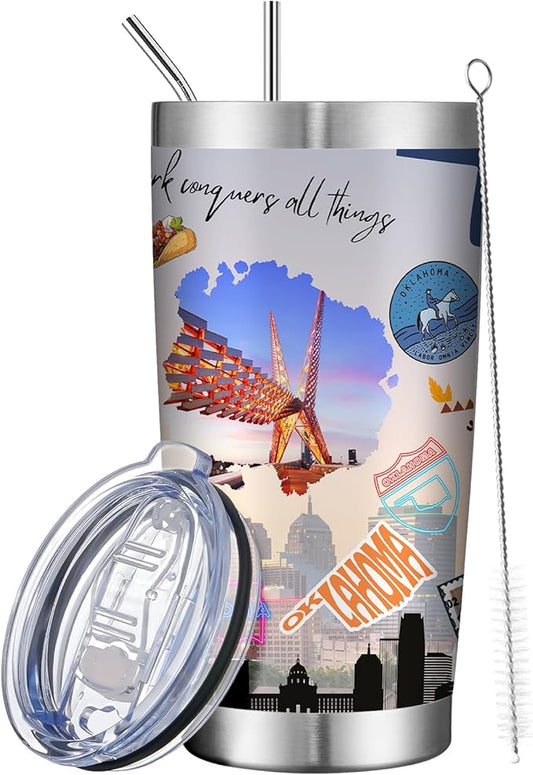 20oz Insulated Tumbler Oklahoma State Coffee Mug, United States Map Travel Mug Landmark, Birthday Gifts Cute Custom Tumbler Cups with Lid and Straw Gifts for Mom