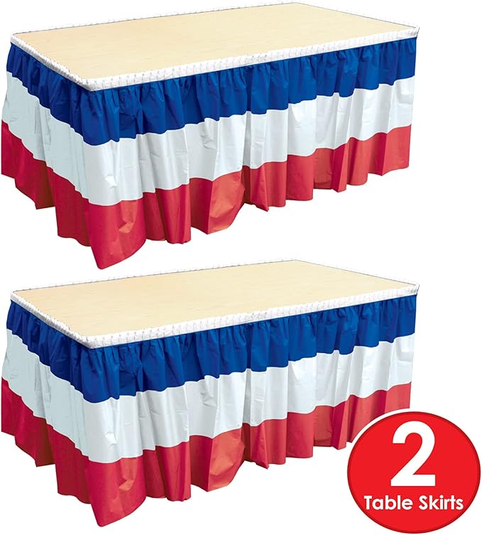 Beistle Plastic Patriotic Table Skirts 2 Piece Self Adhesive July 4th Tableware, Independence Day Decorations, 29" x 14', Red/White/Blue
