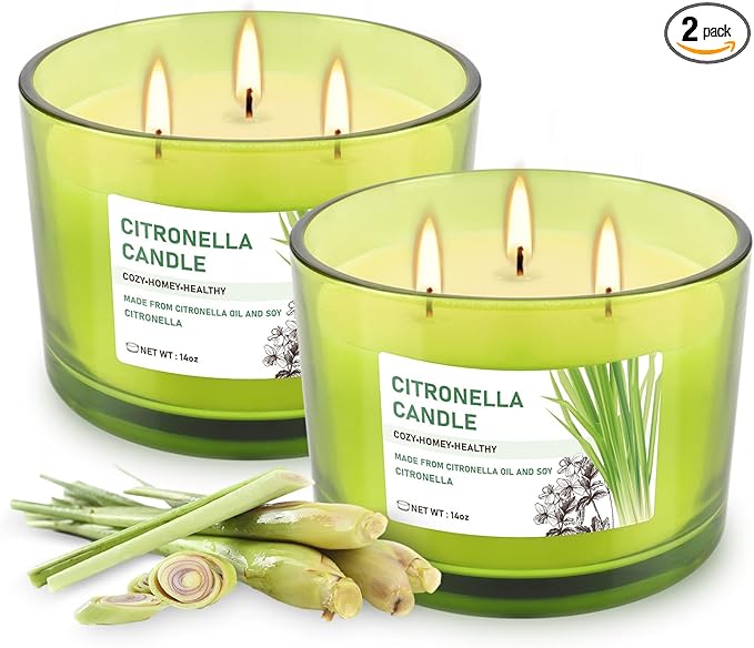 Set of 2 Green Glass Jars Citronella Oil Candles 14oz Smokeless & Outdoor Candles Perfect for Courtyards, Backyards, Camping, Picnics, and Garden.