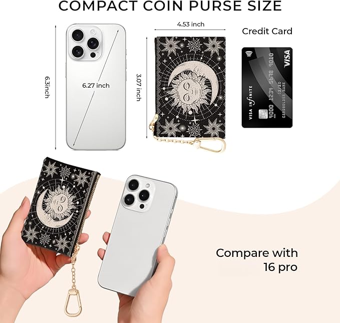 Sun Moon Keychain Coin Purse for Women, Small PU Leather Change Pouch, Zipper Little Tiny Travel Wallet for Girls, Cute Kawaii Zip Pocket Coin Holder with Key Ring