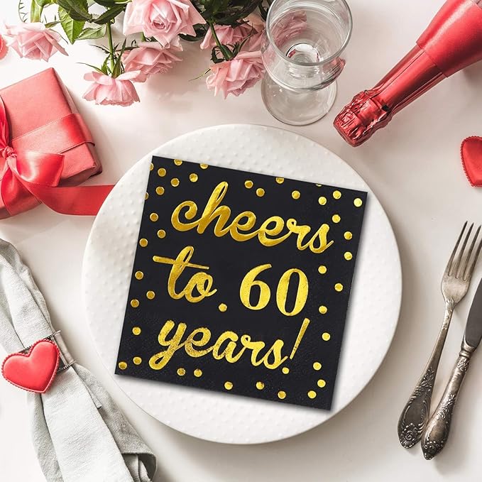 Elcoho 60 Pack Cocktail Napkins 60th Birthday Decorations Luncheon Napkins for Birthday, Anniversary Party Supplies (60th Anniversary)