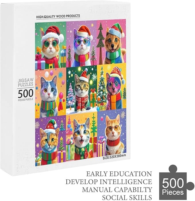 Wooden Puzzle 500 Pieces Adult - Christmas Cat Puzzle Christmas Puzzles, Holiday Puzzles, Family Toys, Party Games, Jigsaw Puzzle Challenge and Funny
