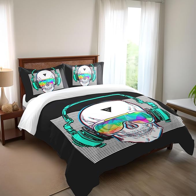 Music Skull Comforter Sets Queen Size Boys Girls Punk Rocker Skeleton Printed Soft Warm Bedding for All Season