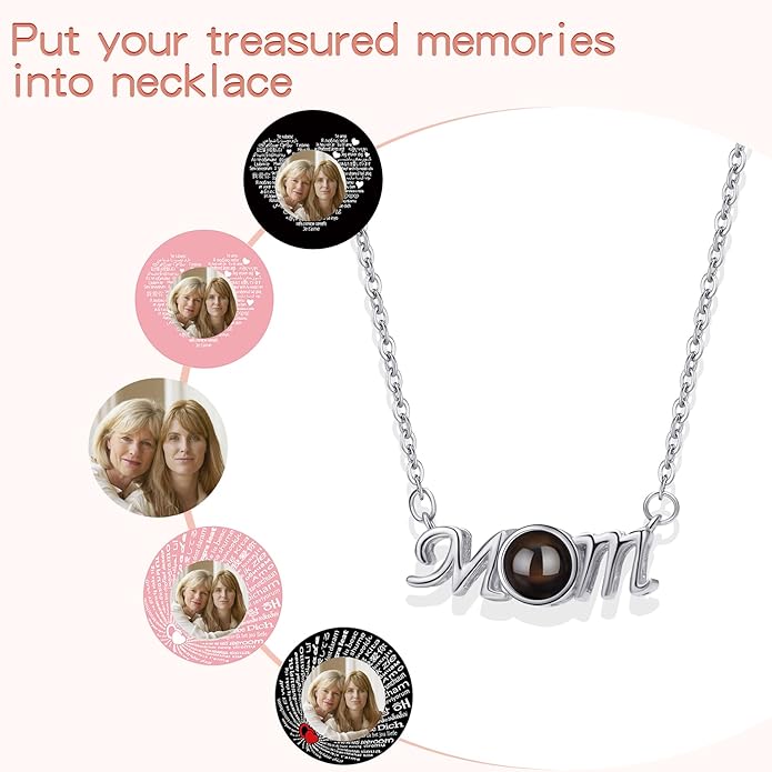 SUPHELPU Personalized Mother's Day Gifts for Mom From Daughter - Custom Photo Necklace With Picture Inside - Projection Necklace for Mom - Memorial Gift
